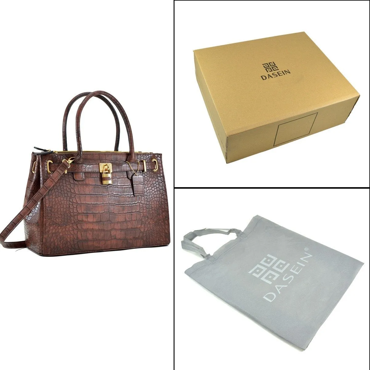 Lisa Cross Faux Croco Embossed Leather Padlock Satchel Handbag