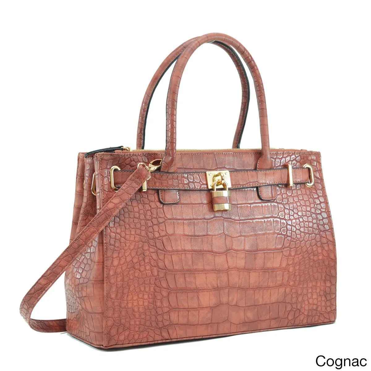 Lisa Cross Faux Croco Embossed Leather Padlock Satchel Handbag