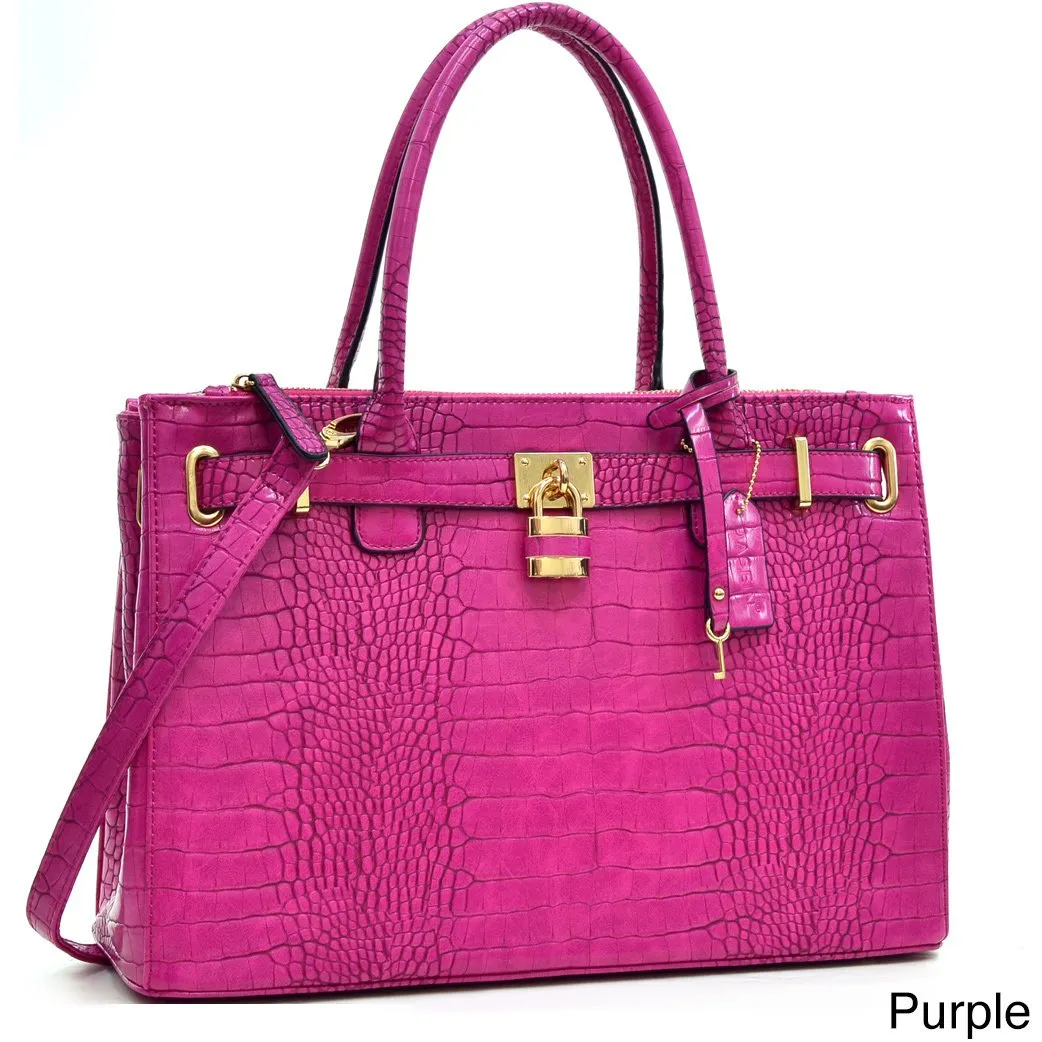 Lisa Cross Faux Croco Embossed Leather Padlock Satchel Handbag