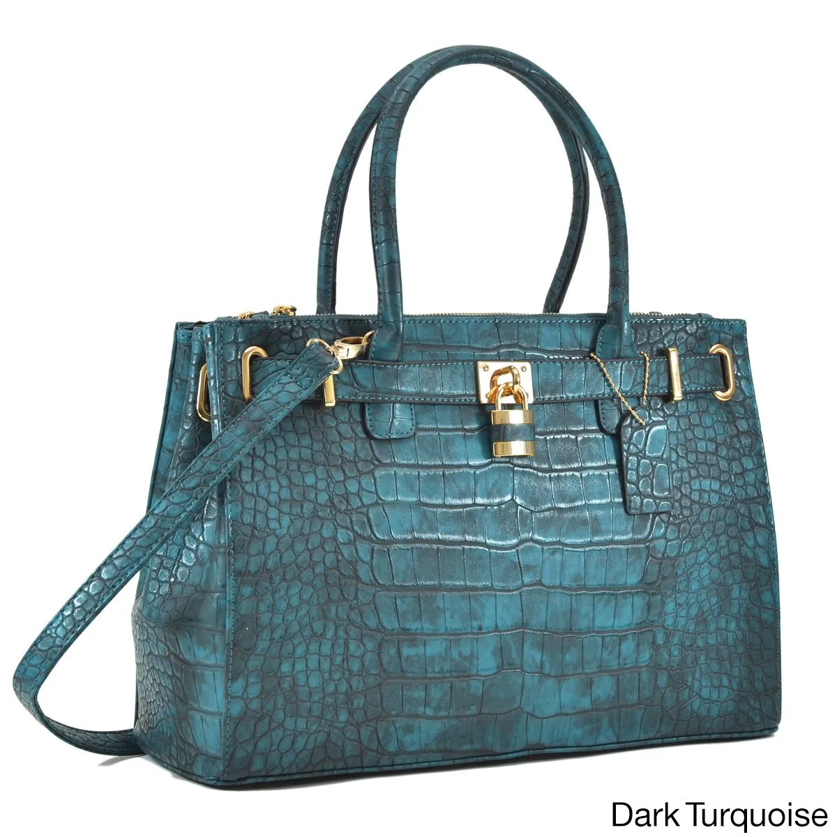 Lisa Cross Faux Croco Embossed Leather Padlock Satchel Handbag