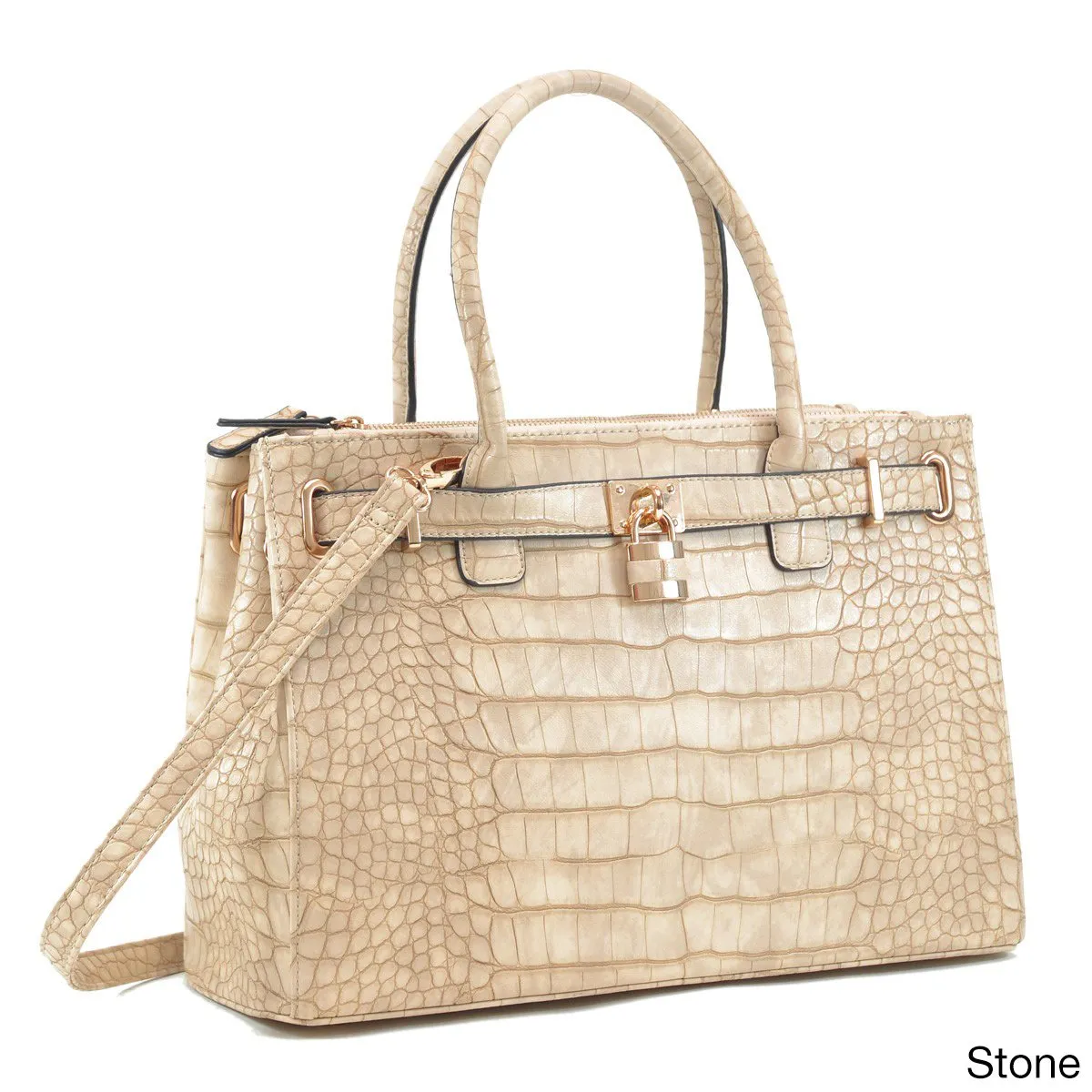 Lisa Cross Faux Croco Embossed Leather Padlock Satchel Handbag