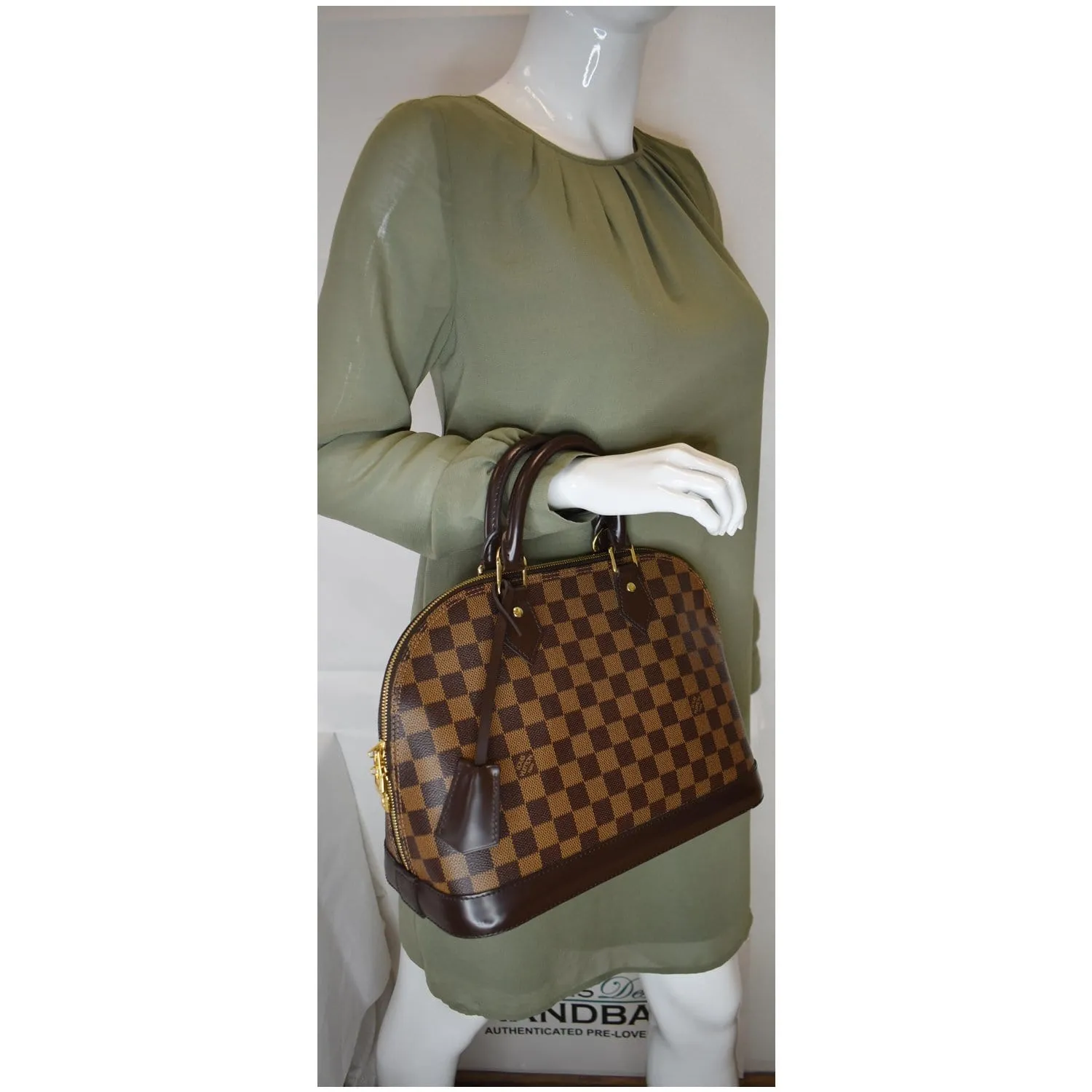 LOUIS VUITTON Alma Damier Ebene Satchel Bag Brown