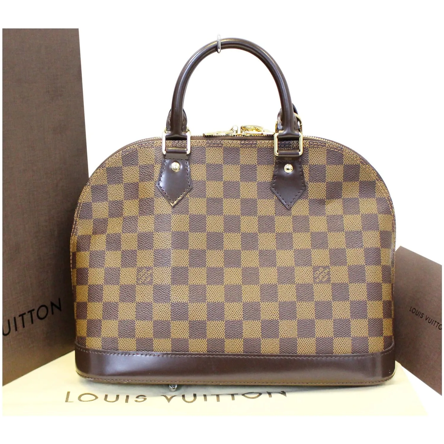 LOUIS VUITTON Alma Damier Ebene Satchel Handbag Brown