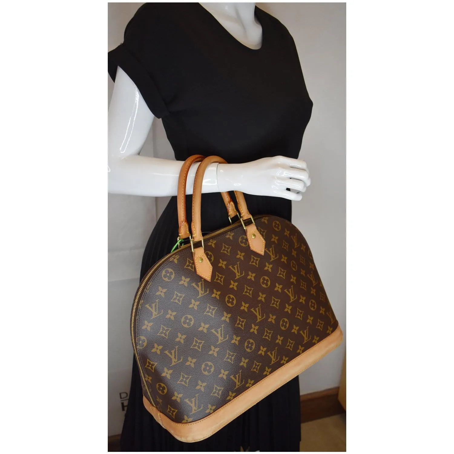 LOUIS VUITTON Alma Large Monogram Canvas Satchel Bag Brown