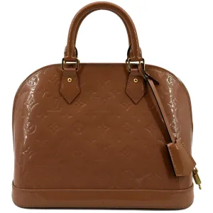 LOUIS VUITTON Alma MM Monogram Vernis Leather Satchel Bag Tan
