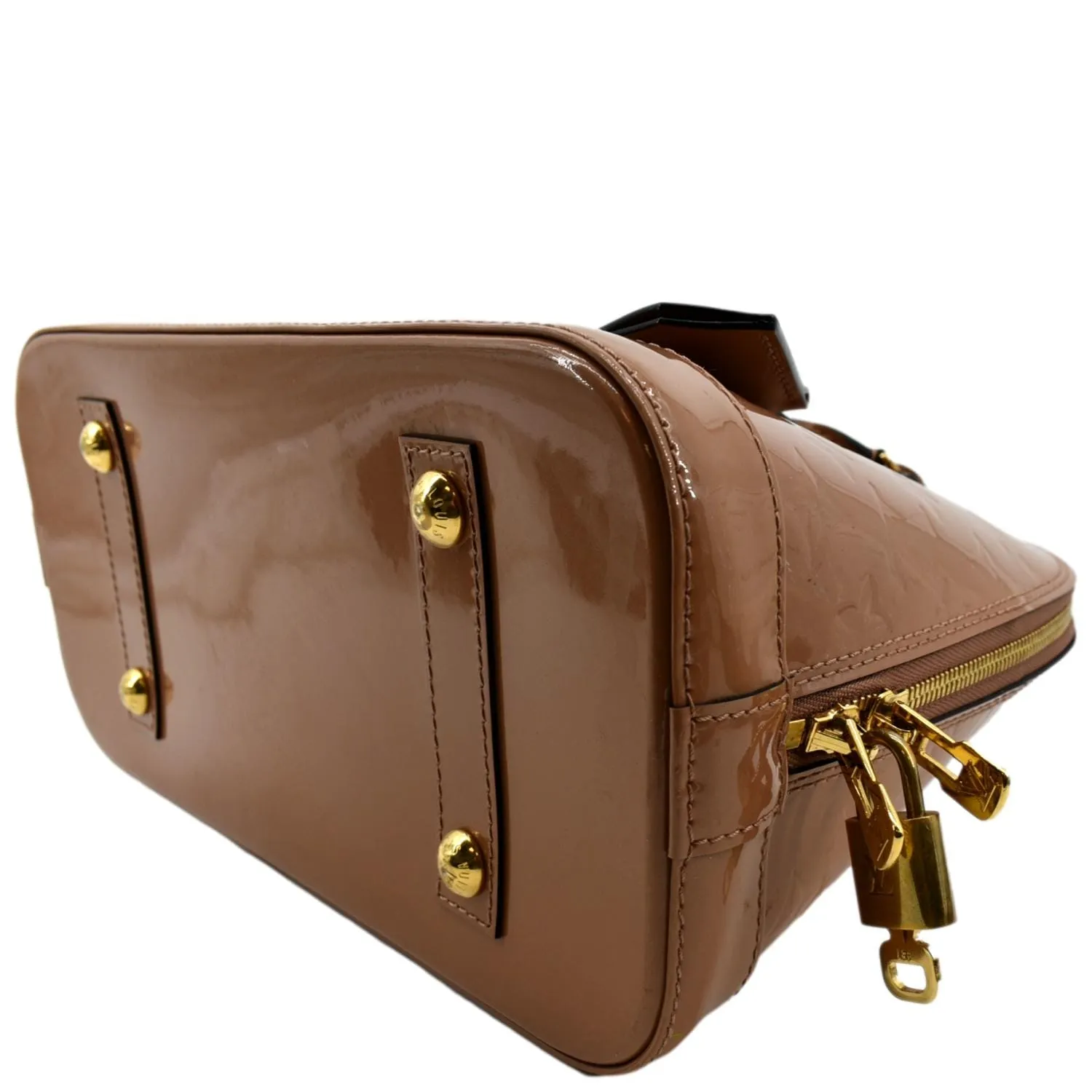 LOUIS VUITTON Alma MM Monogram Vernis Leather Satchel Bag Tan