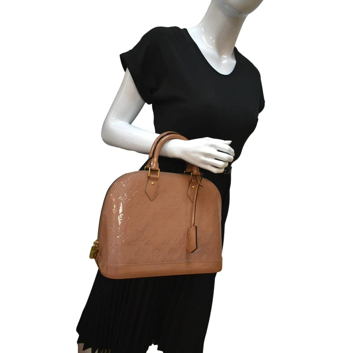 LOUIS VUITTON Alma MM Monogram Vernis Leather Satchel Bag Tan