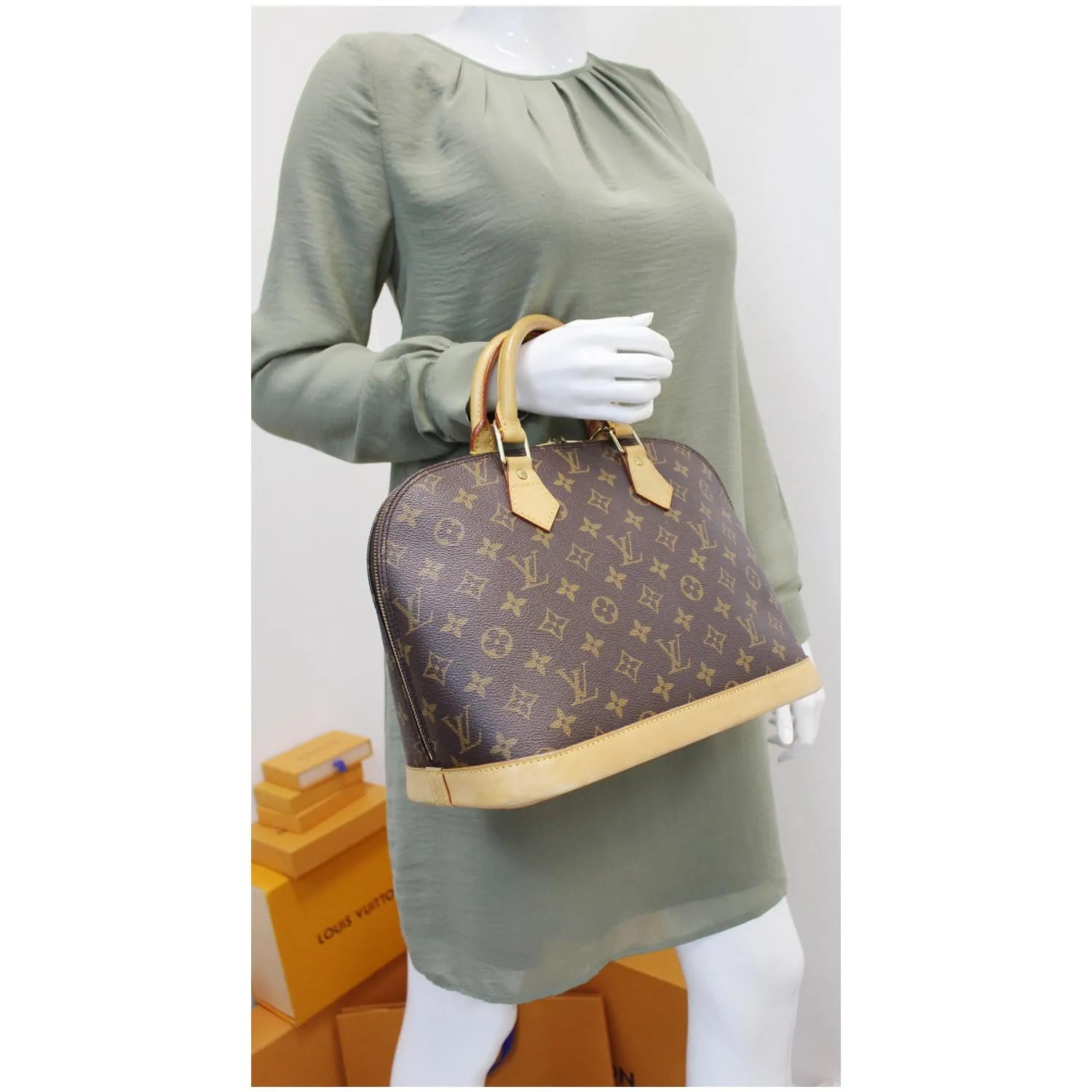 LOUIS VUITTON Alma Monogram Canvas Satchel Bag Brown - 20% OFF