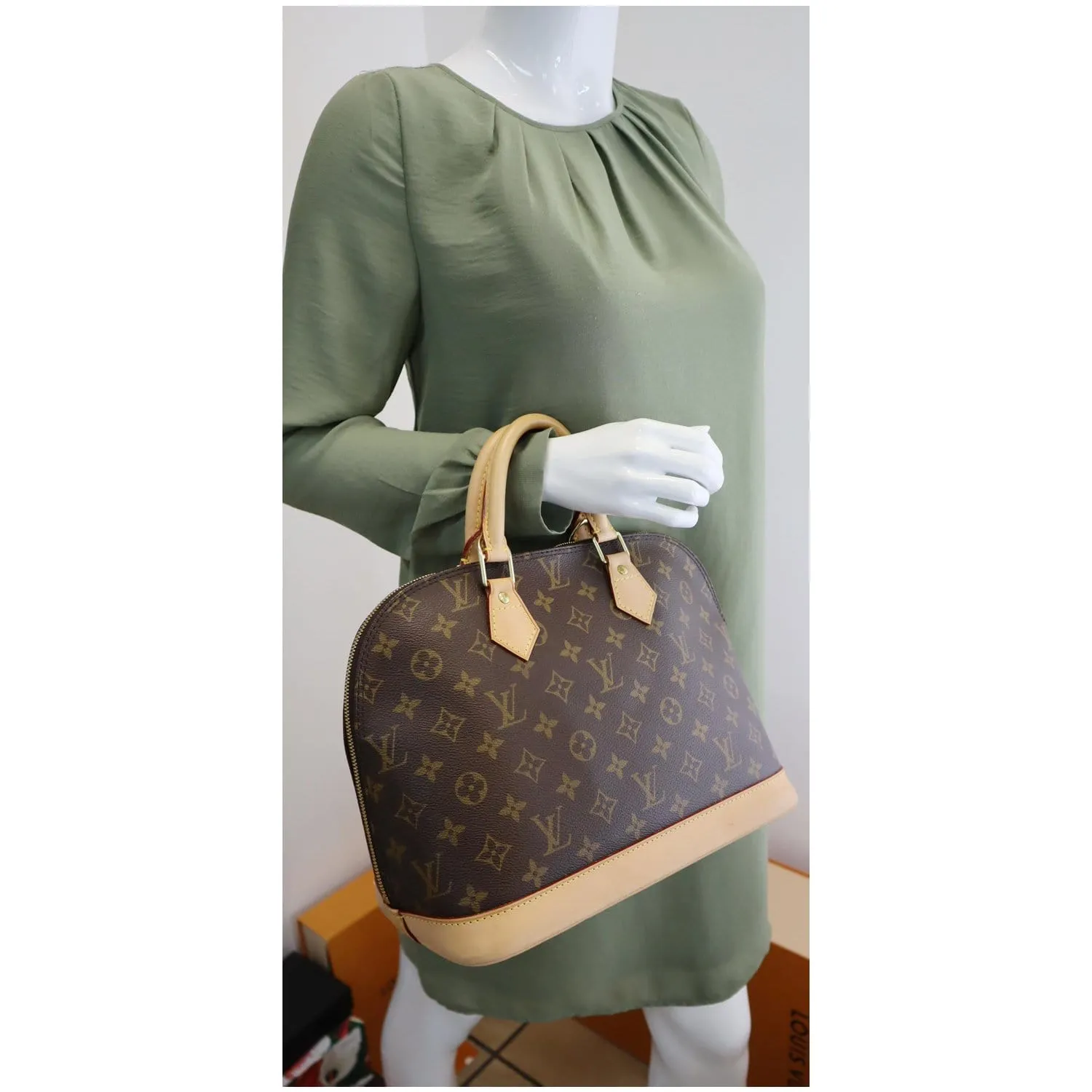 LOUIS VUITTON Alma Monogram Canvas Satchel Bag Brown