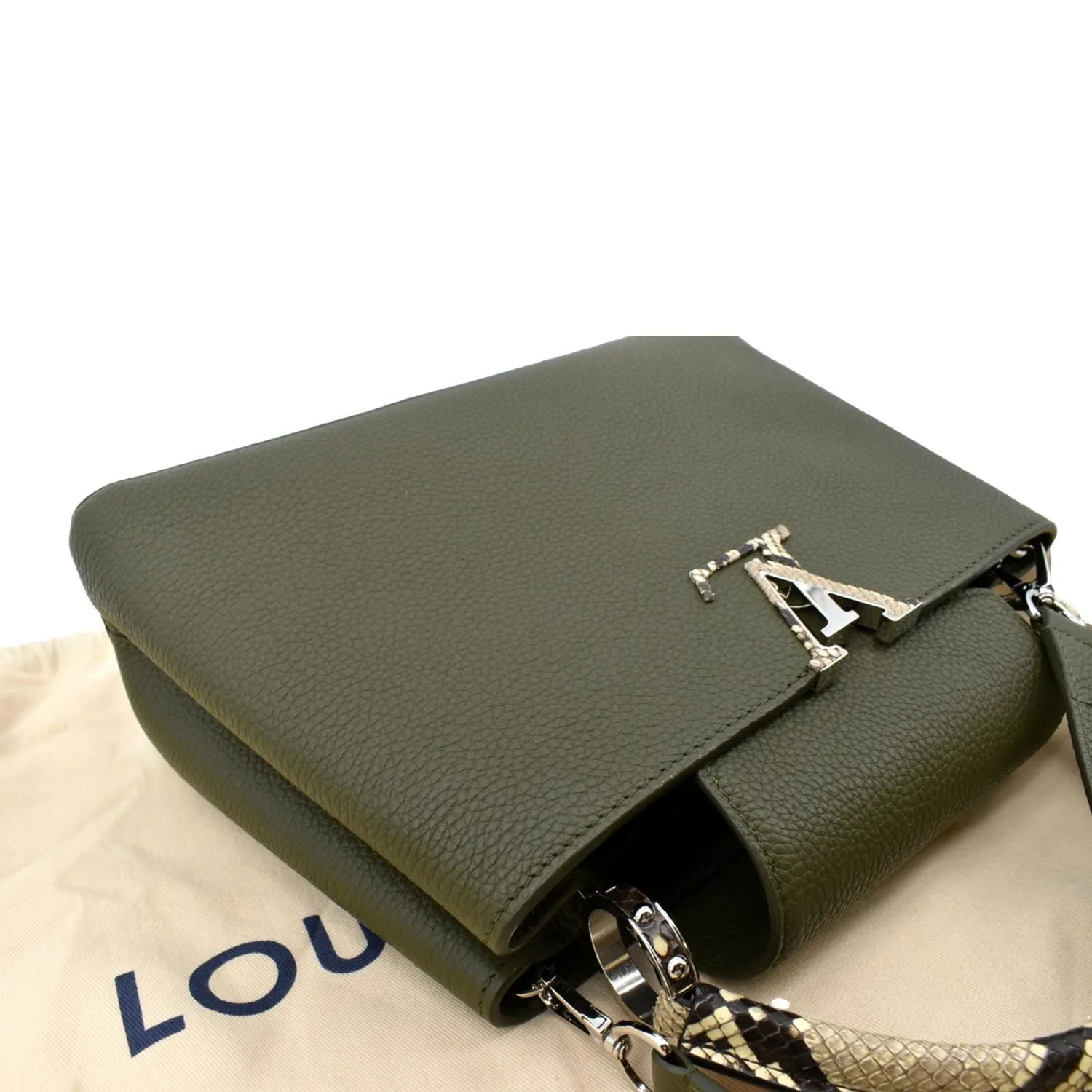LOUIS VUITTON Capucines MM Taurillon Python Leather Satchel Bag Khaki Green