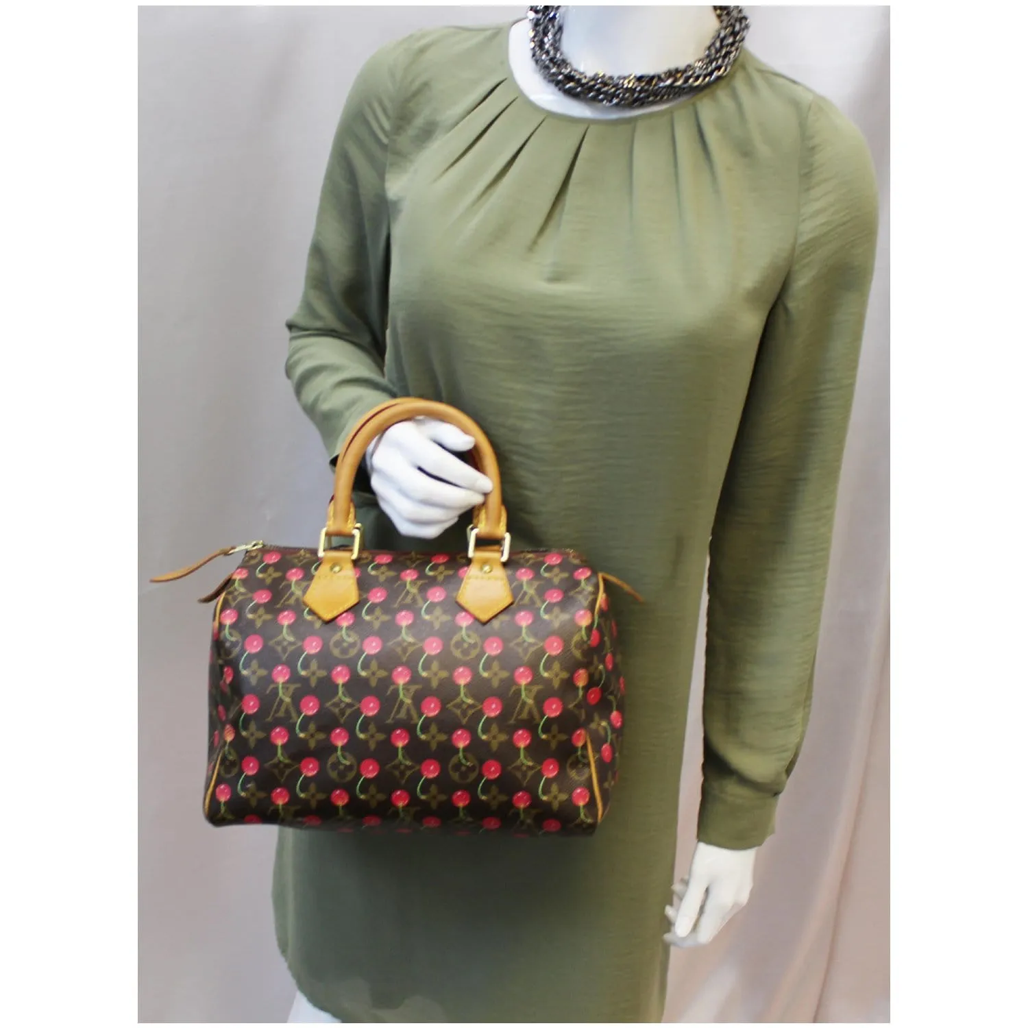 LOUIS VUITTON Cerises Speedy 25 Monogram Canvas Satchel Bag Brown