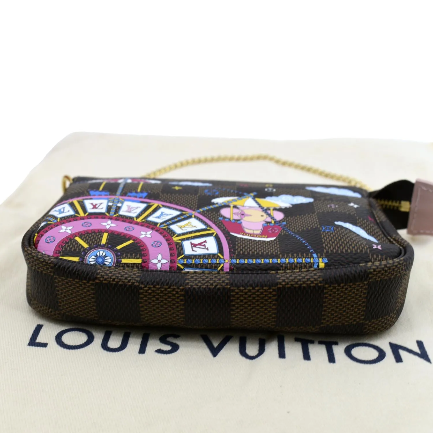 LOUIS VUITTON Christmas Animation Pochette Damier Ebene Accessoires Pouch Rose Ballerine