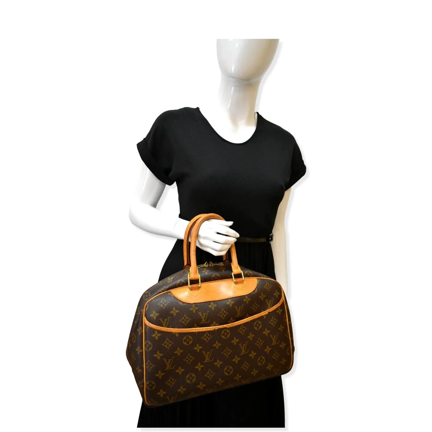 LOUIS VUITTON Deauville Boston Monogram Canvas Satchel Bag Brown