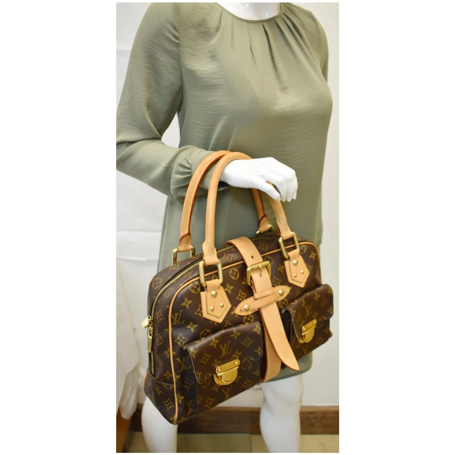LOUIS VUITTON Manhattan GM Monogram Canvas Satchel Bag Brown
