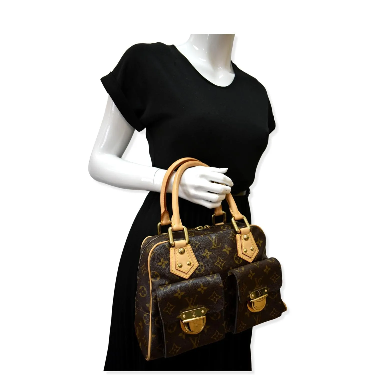 LOUIS VUITTON Manhattan PM Monogram Canvas Satchel Bag Brown