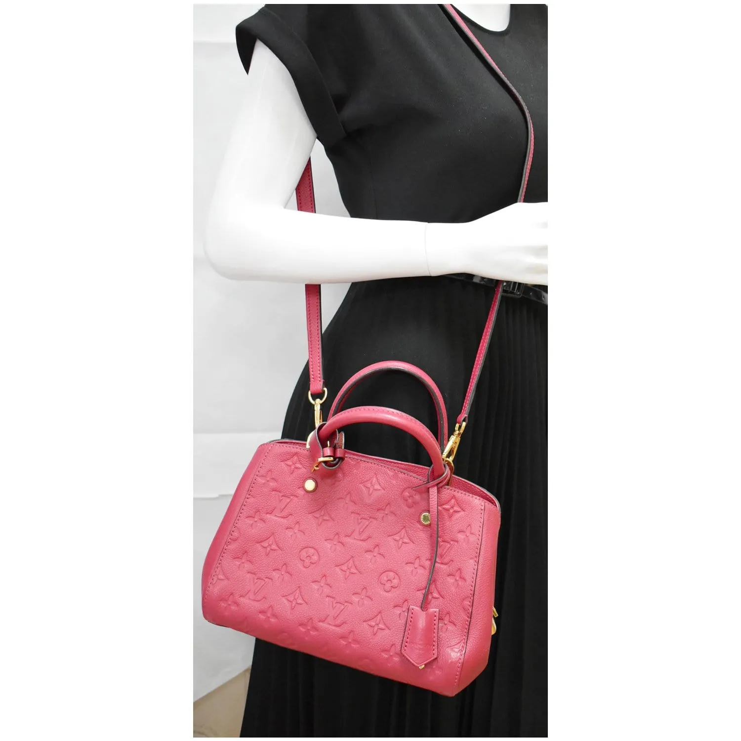 LOUIS VUITTON Montaigne BB Monogram Empreinte Leather Satchel Bag Dahlia