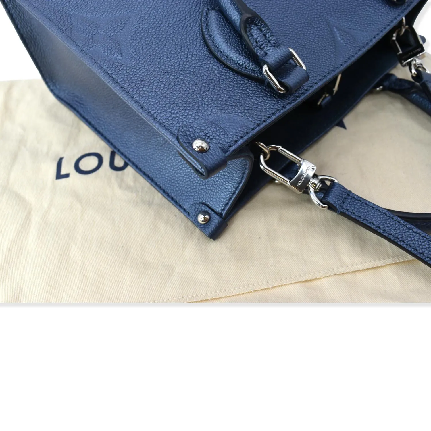 LOUIS VUITTON Onthego PM Monogram Empreinte Tote Shoulder Bag Navy Nacre