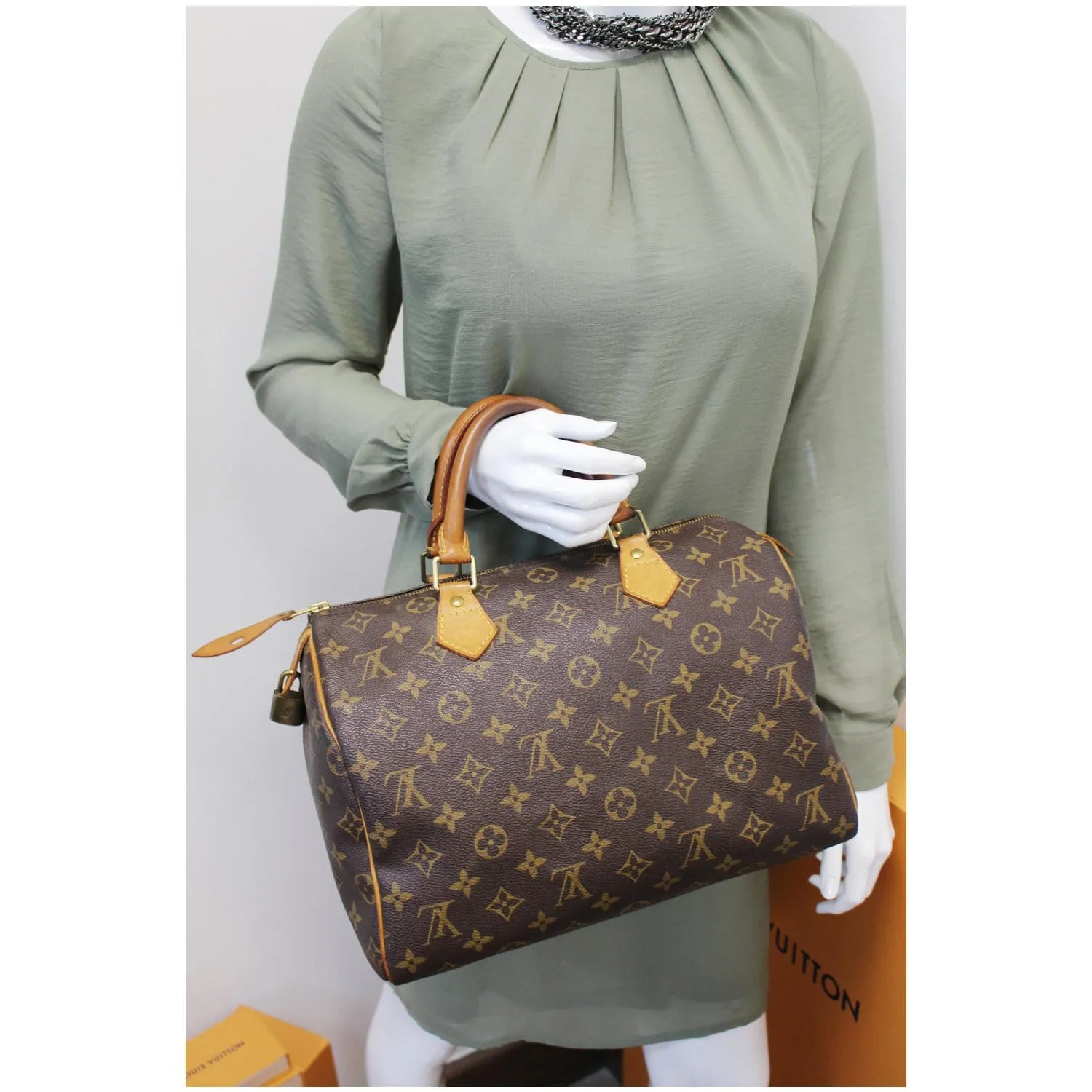 Louis Vuitton Speedy 30 Monogram Canvas Satchel Bag Brown