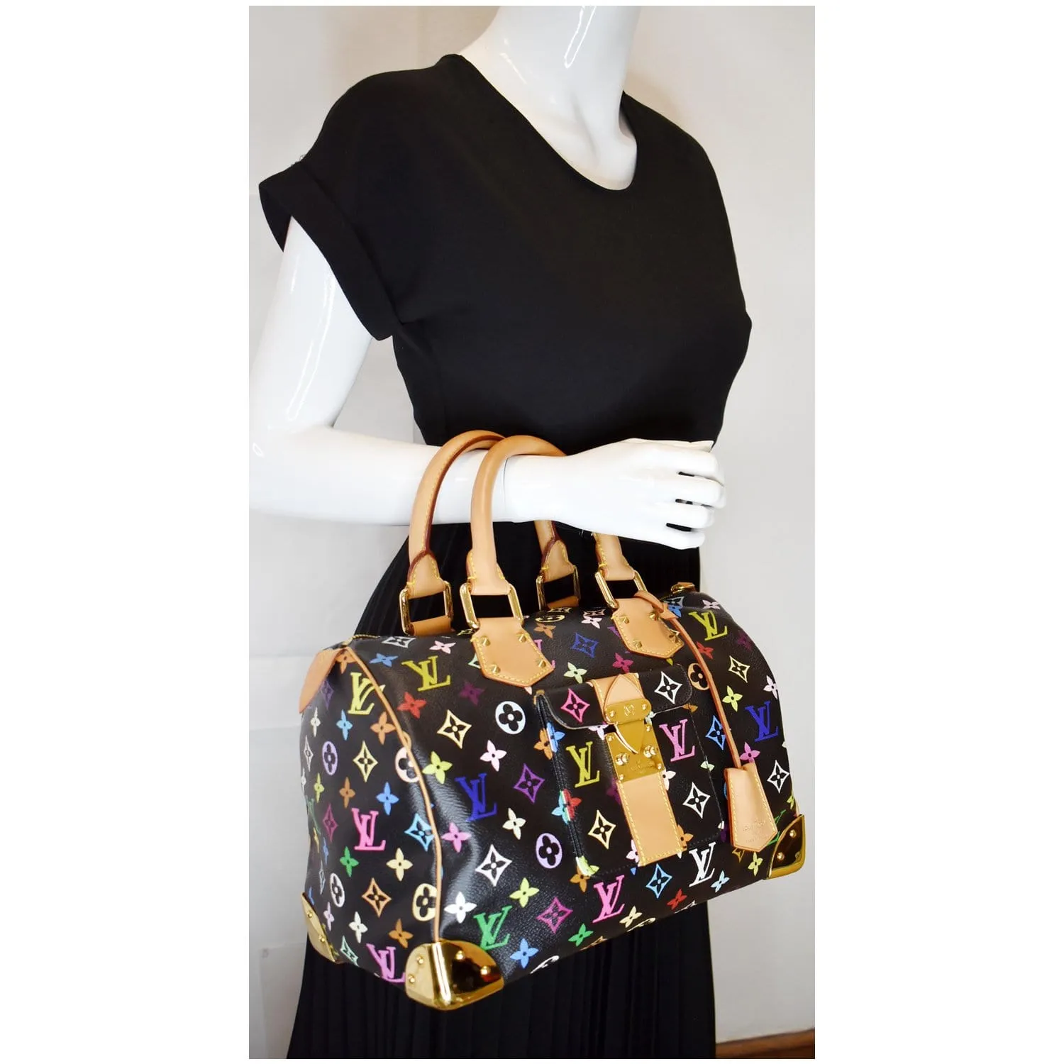 LOUIS VUITTON Speedy 30 Monogram Multicolor Satchel Bag Black