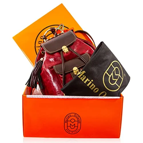Marino Orlandi Women’s Large Backpack Handbag Italian Designer Drawstring Bucket Bag Burgundy Glazed Genuine Leather Purse Tote Convertible Sling with Tassel with Front Pocket