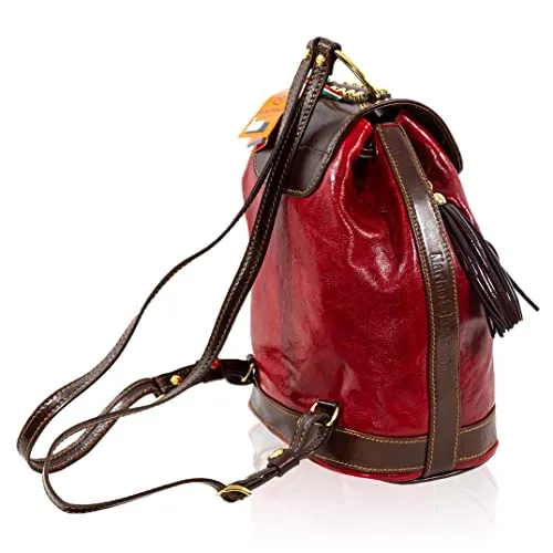Marino Orlandi Women’s Large Backpack Handbag Italian Designer Drawstring Bucket Bag Burgundy Glazed Genuine Leather Purse Tote Convertible Sling with Tassel with Front Pocket