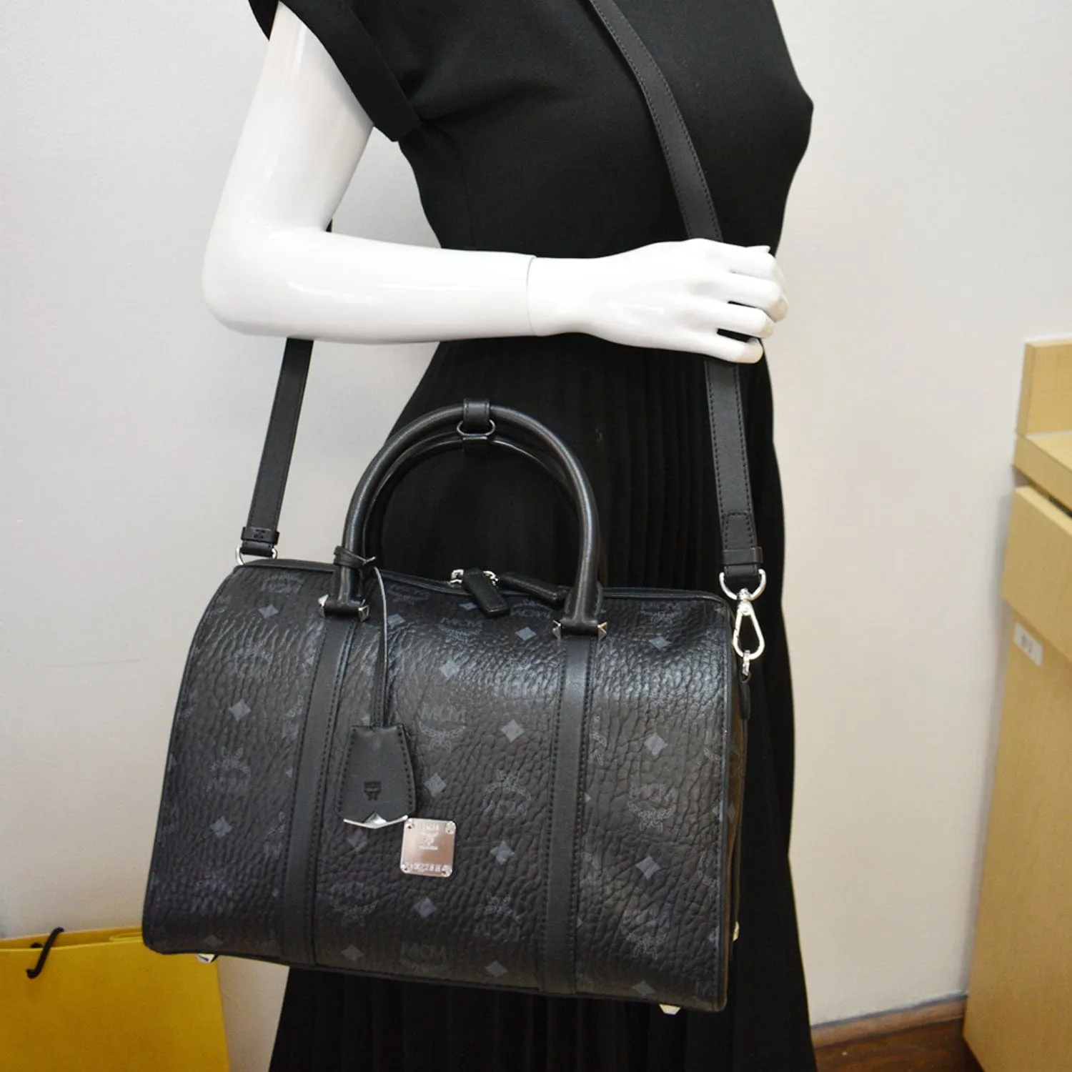 MCM Visetos Canvas Boston Bag Black