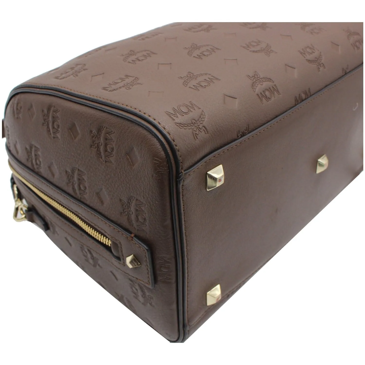 MCM Visetos Essential Leather Boston Bag Chocolate Brown