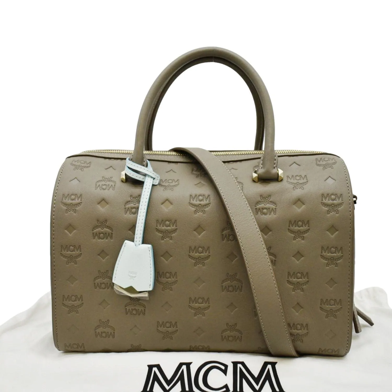 MCM Visetos Essential Leather Boston Bag Taupe