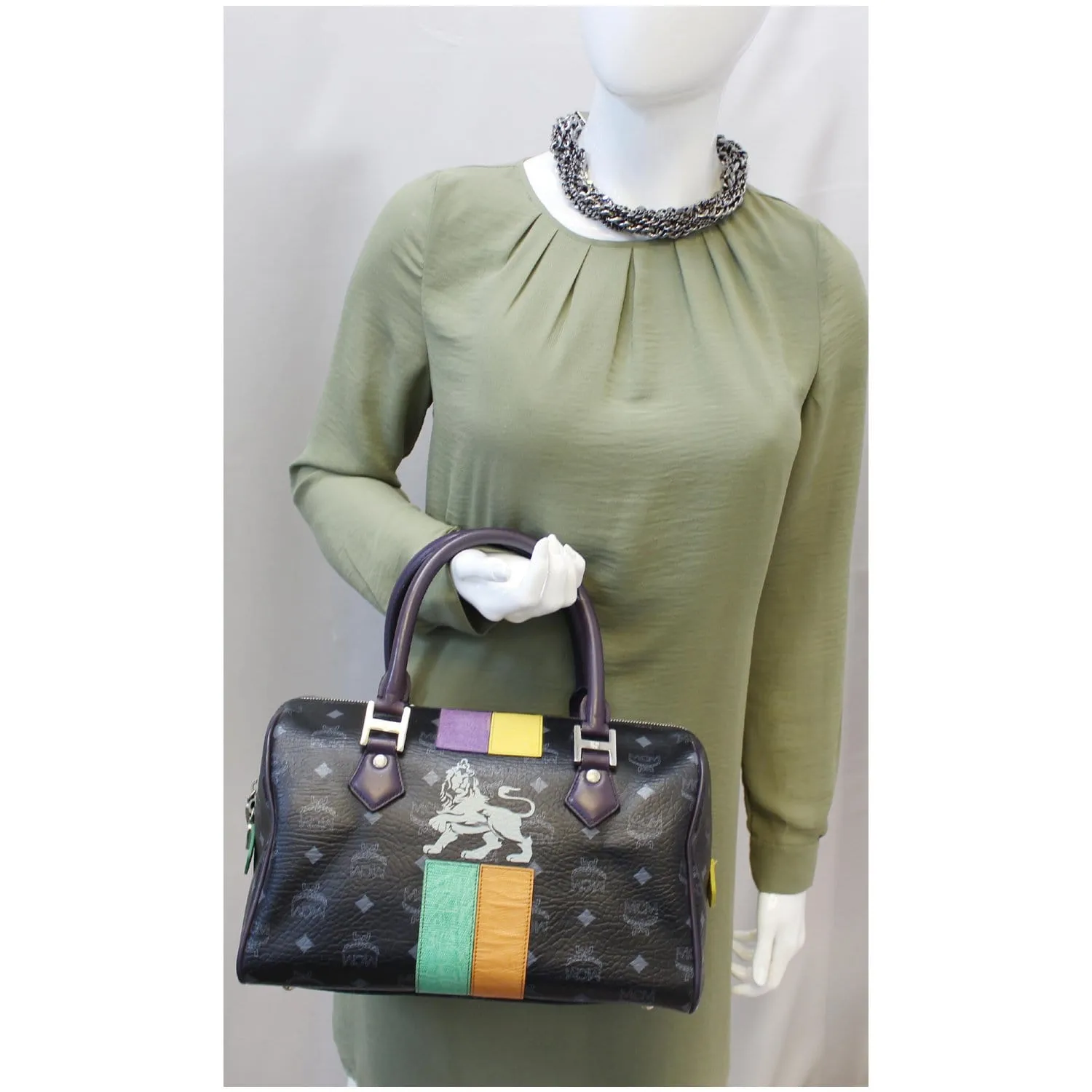 MCM Visetos Lion Princess Boston Bag Black