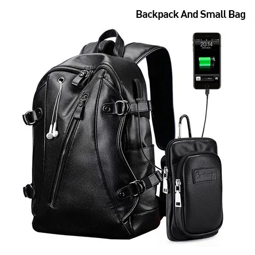 Men Backpack External USB Charge Waterproof  Backpack Fashion PU Leather Travel Bag Casual School Bag leather bookbag