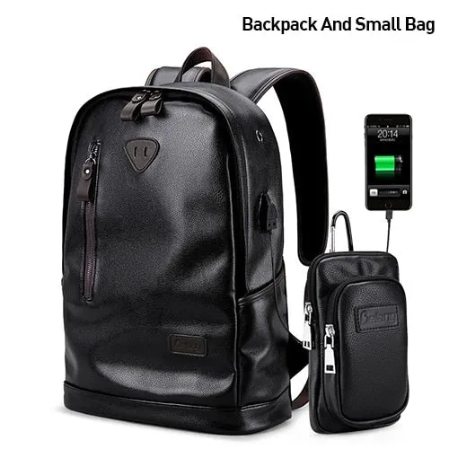 Men Backpack External USB Charge Waterproof  Backpack Fashion PU Leather Travel Bag Casual School Bag leather bookbag