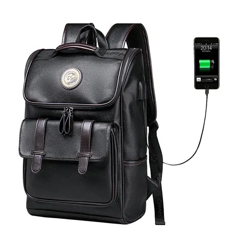 Men Backpack External USB Charge Waterproof  Backpack Fashion PU Leather Travel Bag Casual School Bag leather bookbag