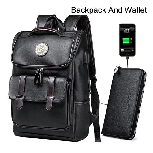 Men Backpack External USB Charge Waterproof  Backpack Fashion PU Leather Travel Bag Casual School Bag leather bookbag
