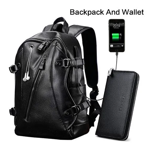 Men Backpack External USB Charge Waterproof  Backpack Fashion PU Leather Travel Bag Casual School Bag leather bookbag