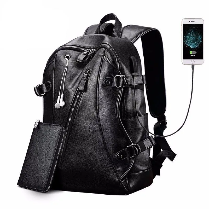 Men Backpack External USB Charge Waterproof  Backpack Fashion PU Leather Travel Bag Casual School Bag leather bookbag
