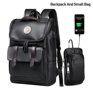 Men Backpack External USB Charge Waterproof  Backpack Fashion PU Leather Travel Bag Casual School Bag leather bookbag