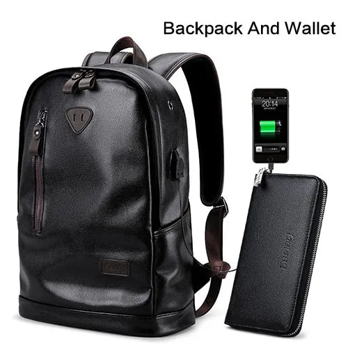 Men Backpack External USB Charge Waterproof  Backpack Fashion PU Leather Travel Bag Casual School Bag leather bookbag
