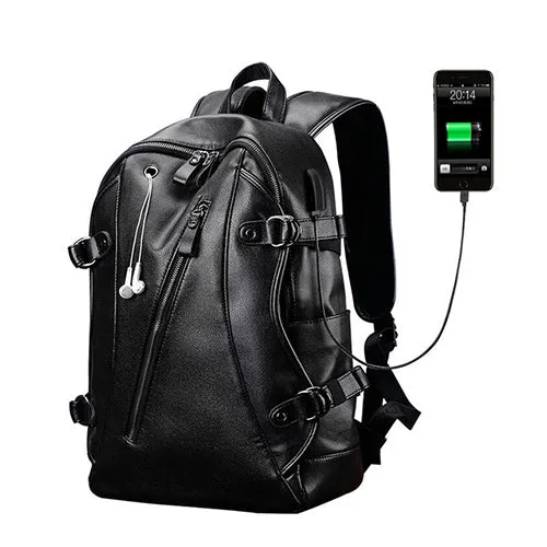 Men Backpack External USB Charge Waterproof  Backpack Fashion PU Leather Travel Bag Casual School Bag leather bookbag
