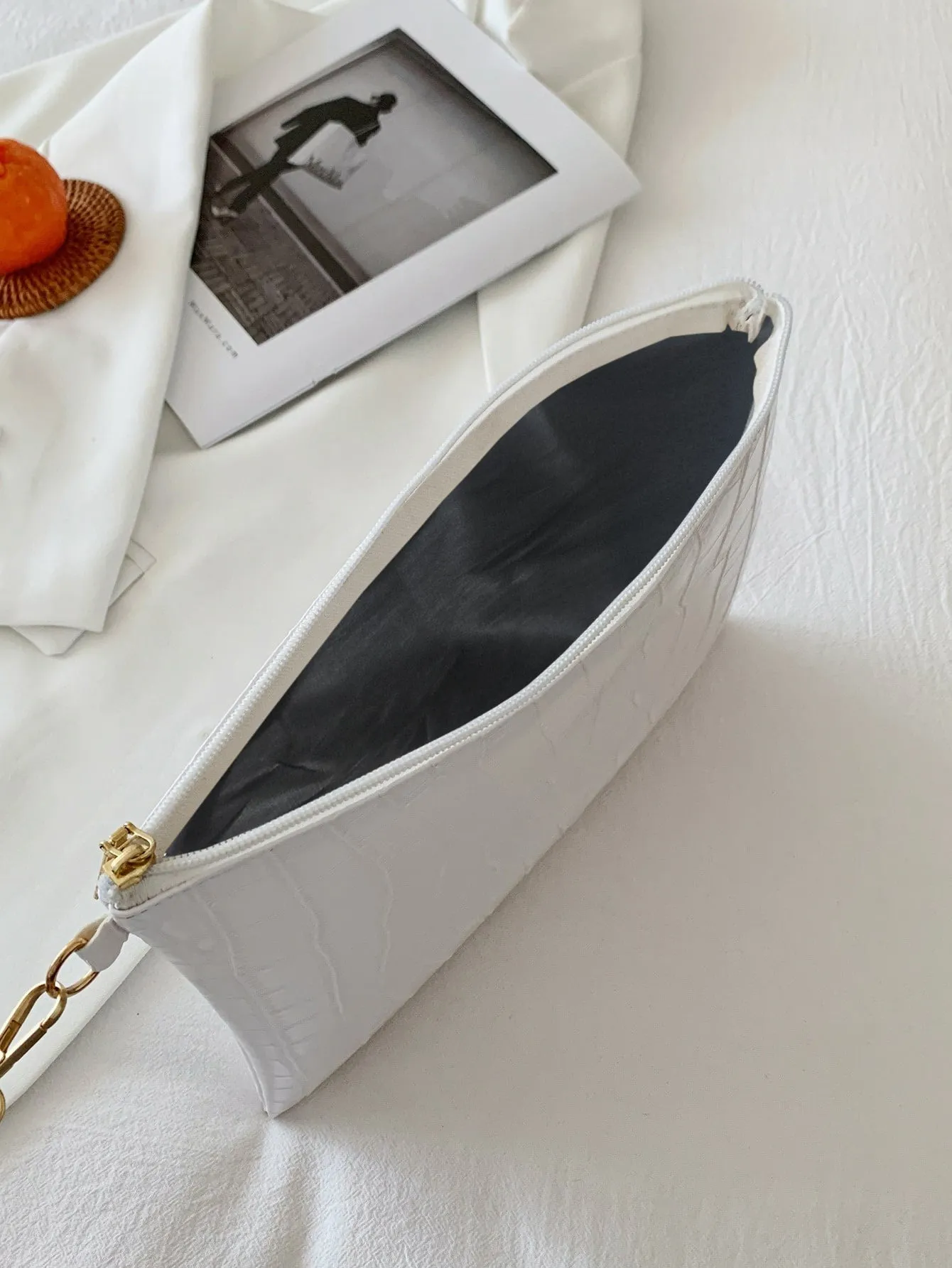 Metallic Crocodile Embossed Clutch Bag - White  - FD ⚡