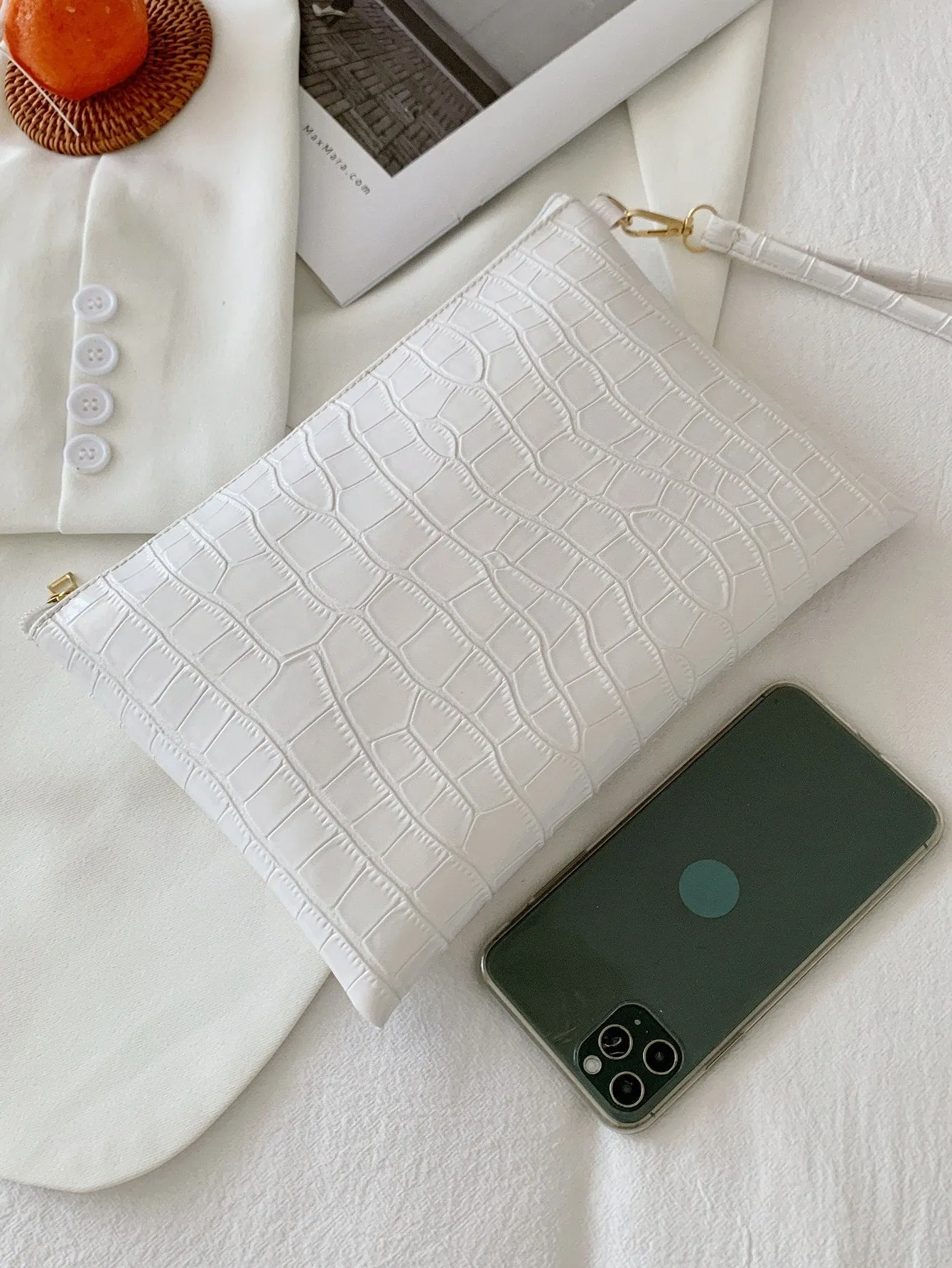 Metallic Crocodile Embossed Clutch Bag - White  - FD ⚡