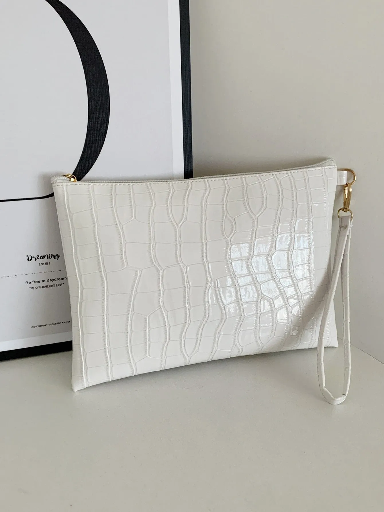 Metallic Crocodile Embossed Clutch Bag - White  - FD ⚡