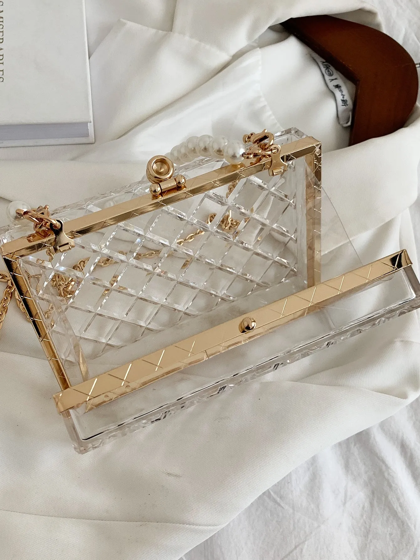 Mini Clear Faux Pearl Handle Box Bag