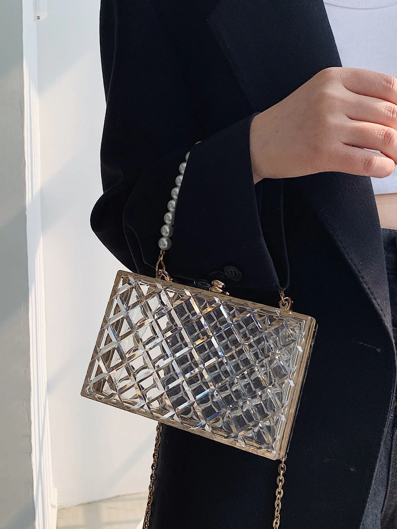 Mini Clear Faux Pearl Handle Box Bag