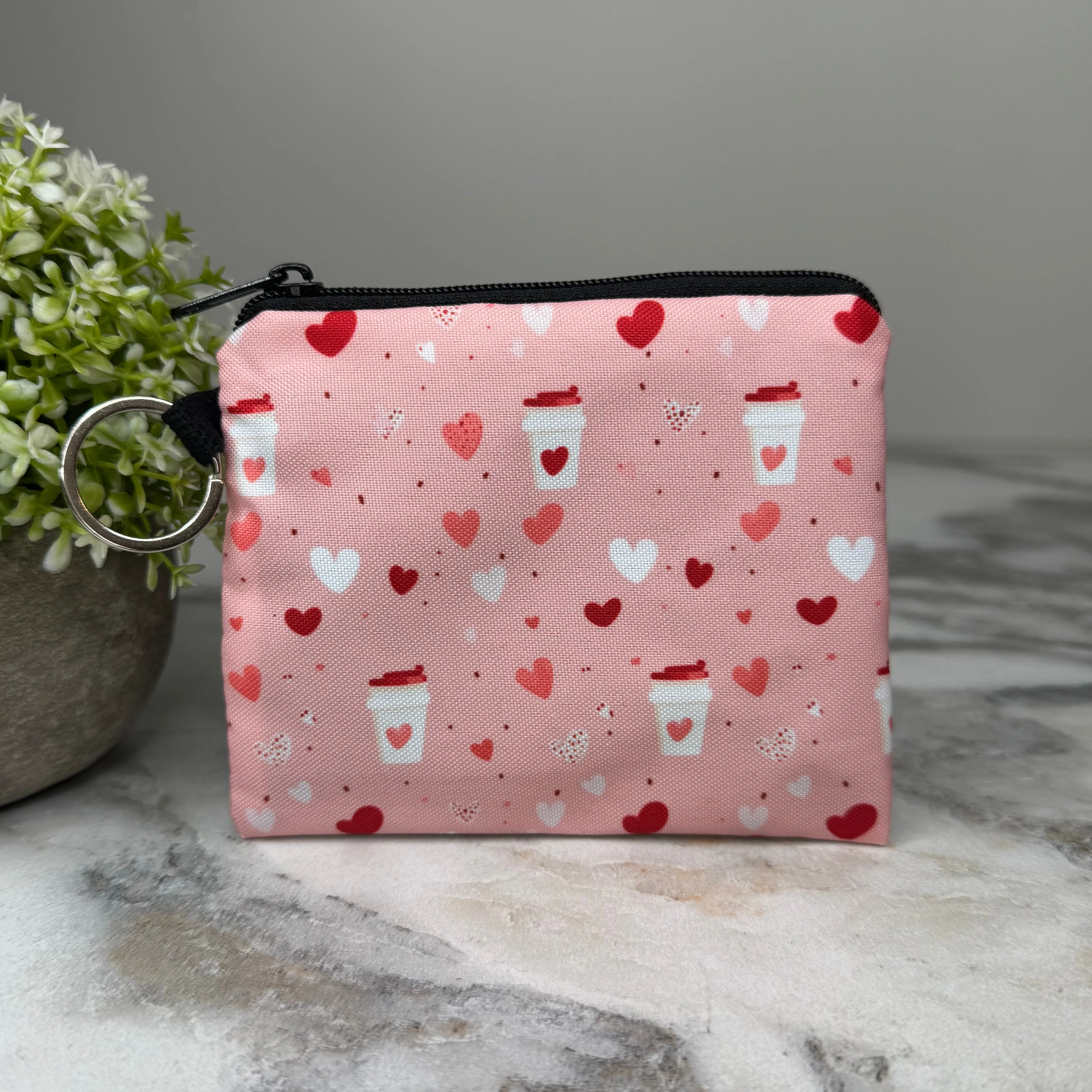 Mini Pouch - Coffee Pink Hearts