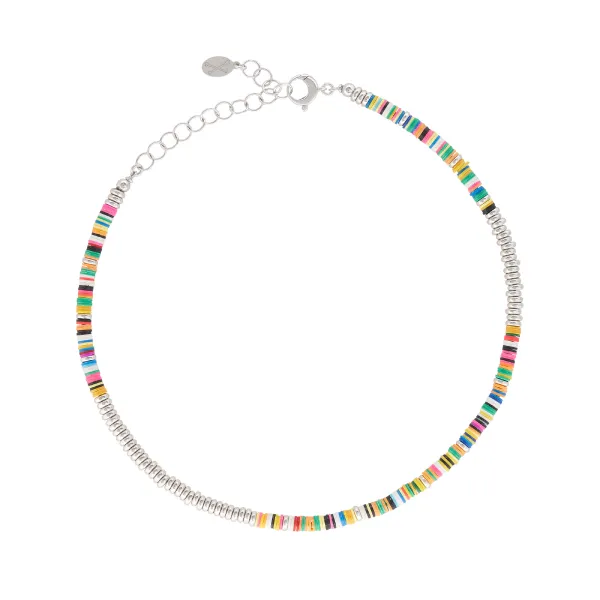 Multicolor African Beaded Necklace with 18k White Gold Beads