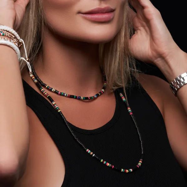 Multicolor Black African Beaded Necklace with Black PVD Beads