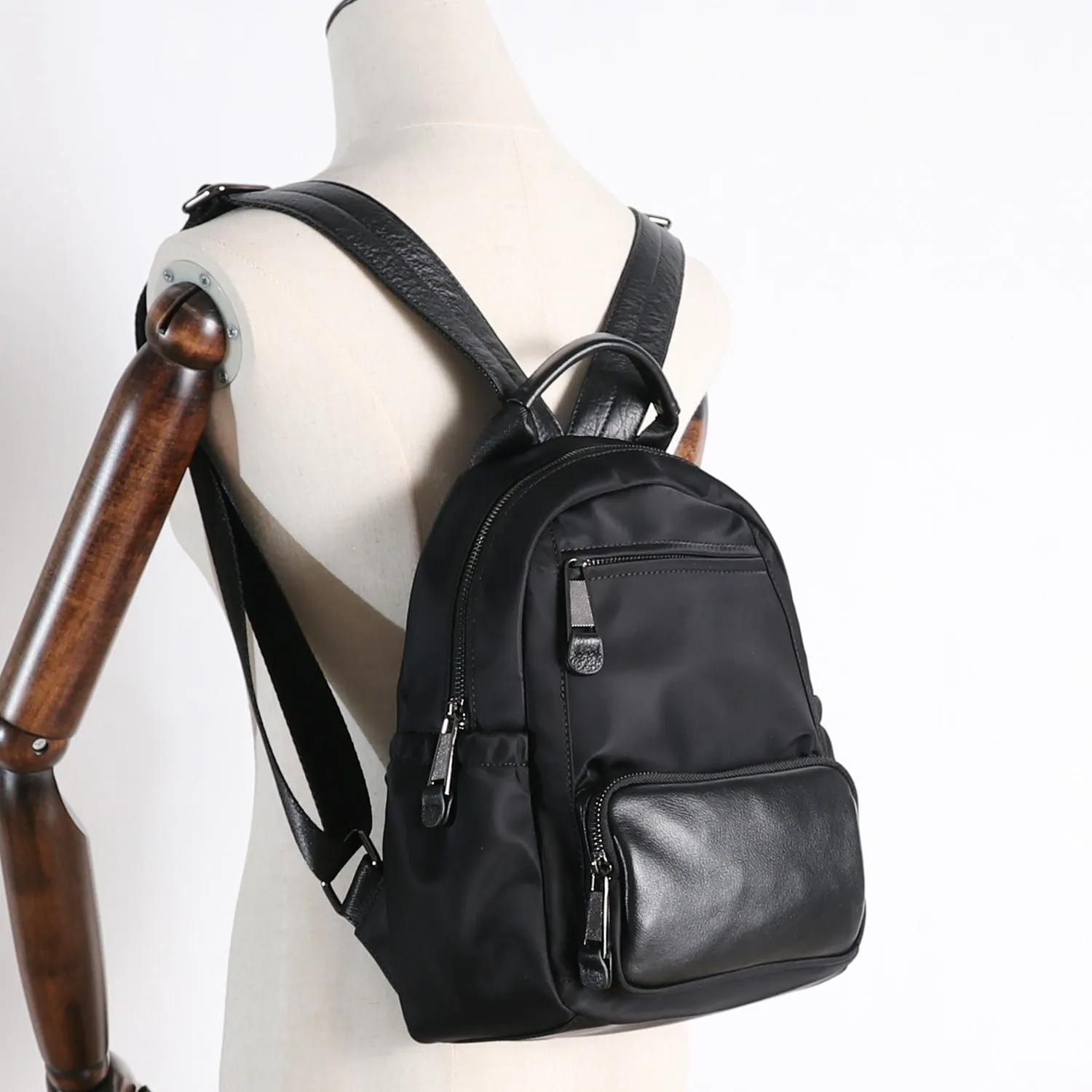Nylon Backpacks Womens School Backpack Bag Black Nylon Leather Travel Rucksack for Ladies