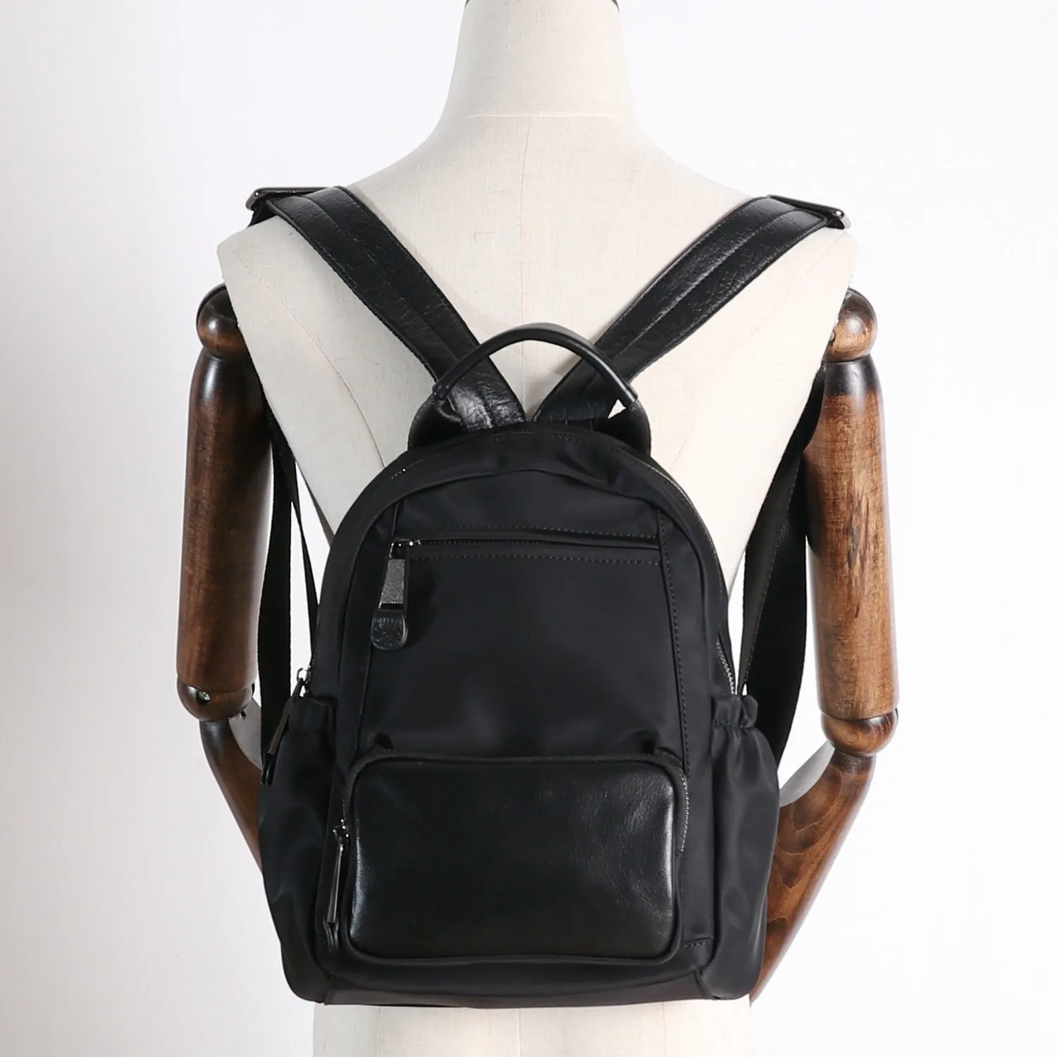 Nylon Backpacks Womens School Backpack Bag Black Nylon Leather Travel Rucksack for Ladies