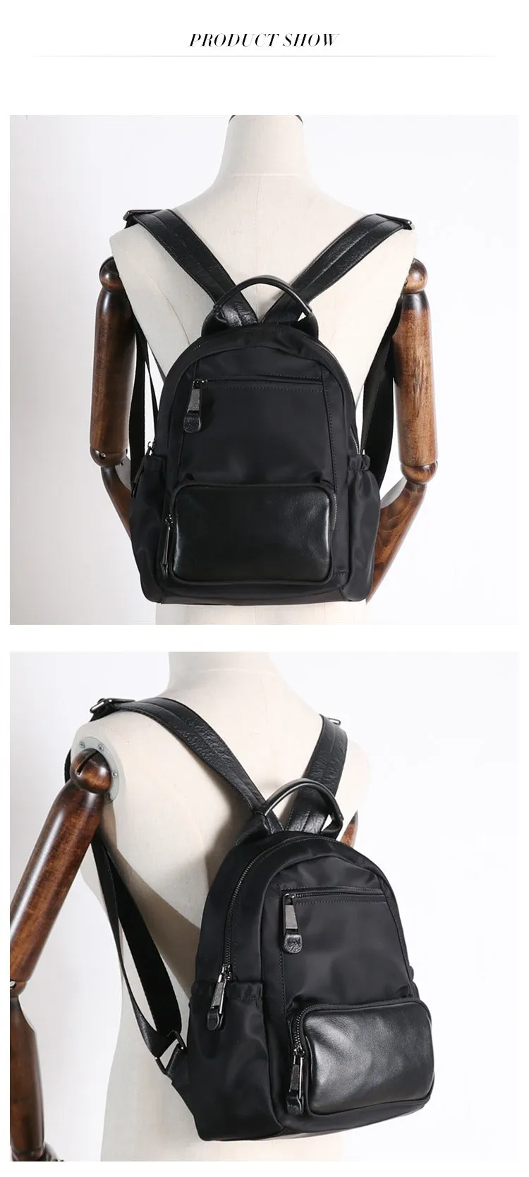 Nylon Backpacks Womens School Backpack Bag Black Nylon Leather Travel Rucksack for Ladies