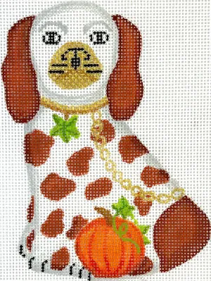 OM-321 Mini Staffordshire Dog – White & Brown w/ Pumpkin, Leaves, Gold Lock & Chain